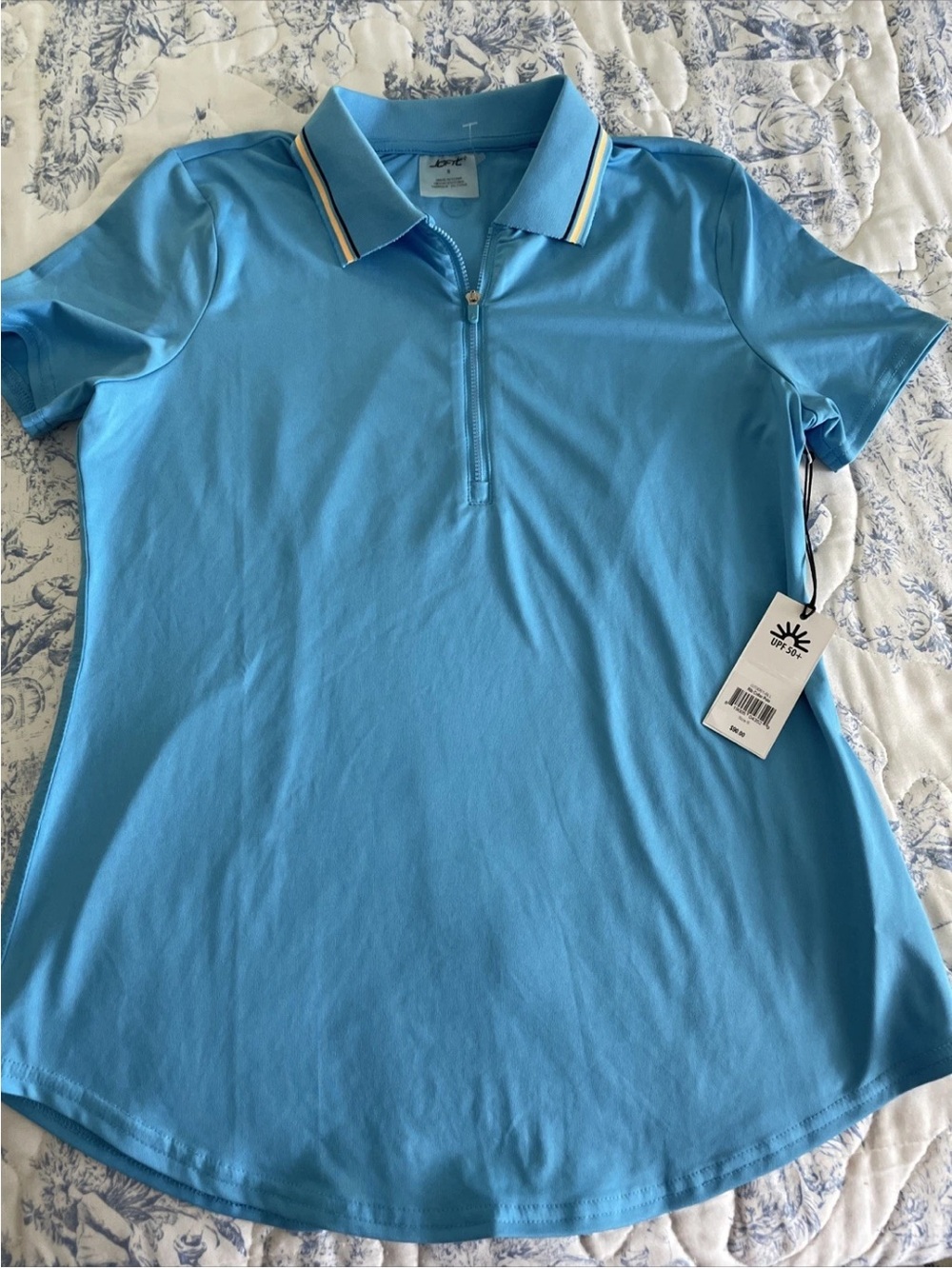 Jofit Light Blue Short Sleeve Half-Zip Polo with Striped Collar